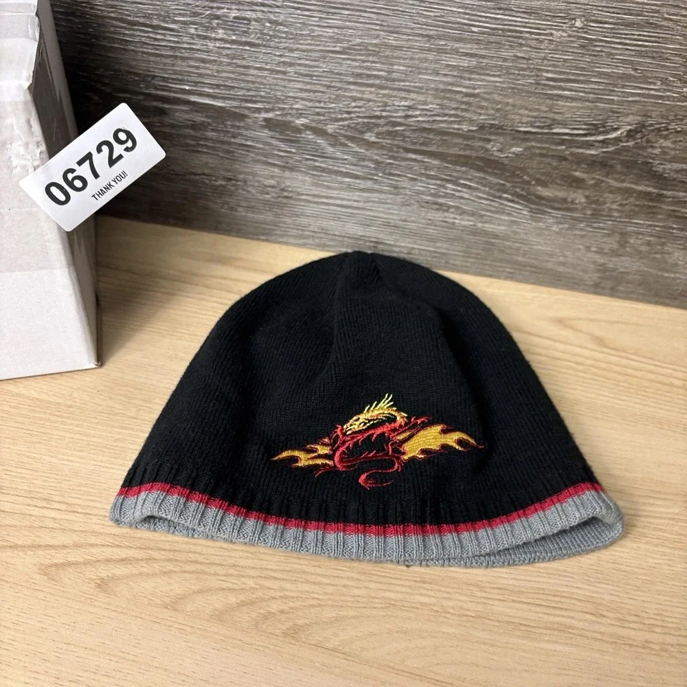 Dragon Hat Beanie Fitted Black Red Gray Embroidered‎ Flames Knit Youth Winter